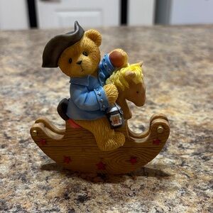 Cherished Teddies Blue Jacket Teddy on Brown Rocking Horse